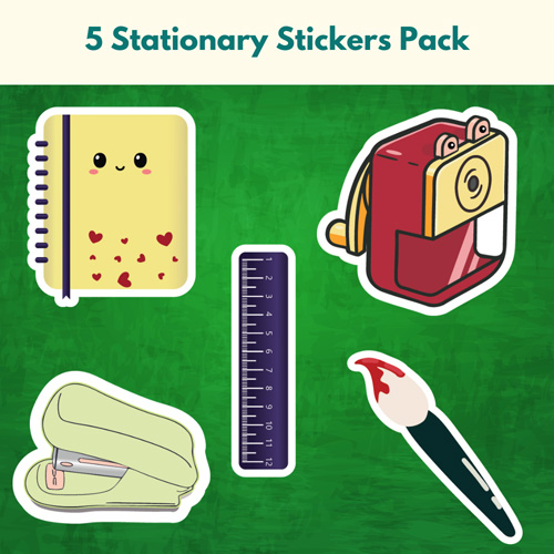 Stationery stickers printable featuring notebook, brush, ruler, sharpener, and stapler for soft creative decoration.