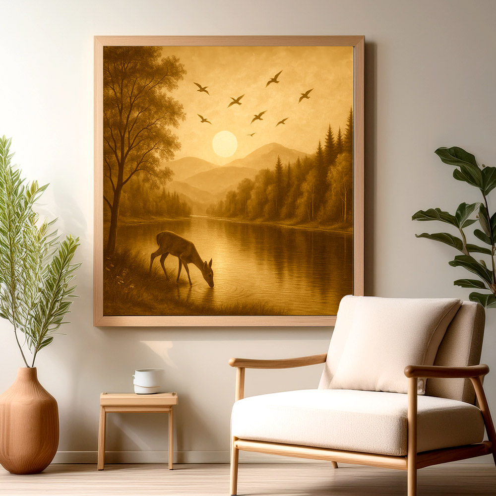 Vintage deer lake wall art above neutral armchair, styled with soft light and green plant for a peaceful, natural vibe.