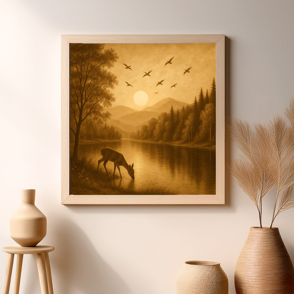 Vintage deer lake wall art showing a peaceful deer drinking water by a calm lake at sunset with birds flying.