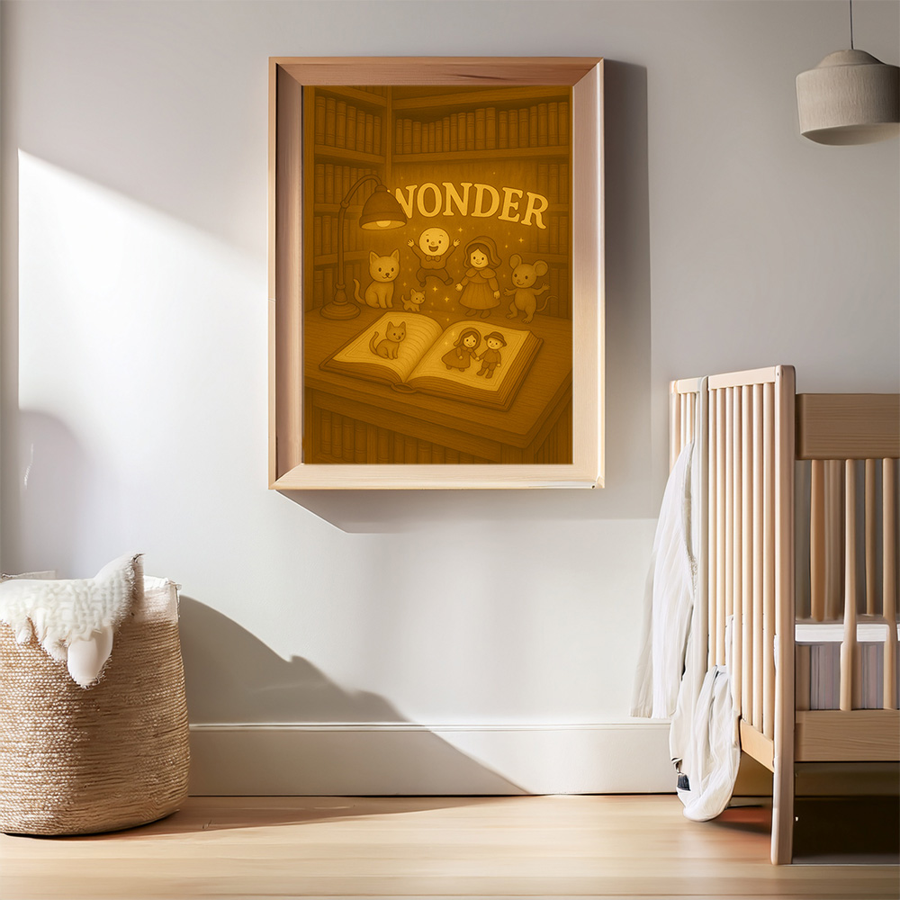 Vintage storybook wall art above a wooden crib, soft light casting shadows, creating a warm and peaceful nursery vibe.