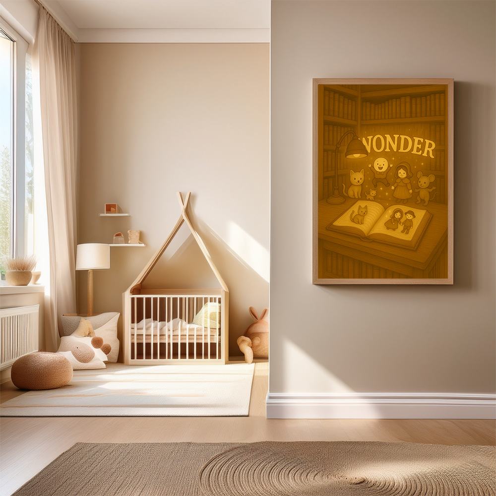 Vintage storybook wall art printable showing a glowing open book with classic toys in a warm, calm nursery style scene.