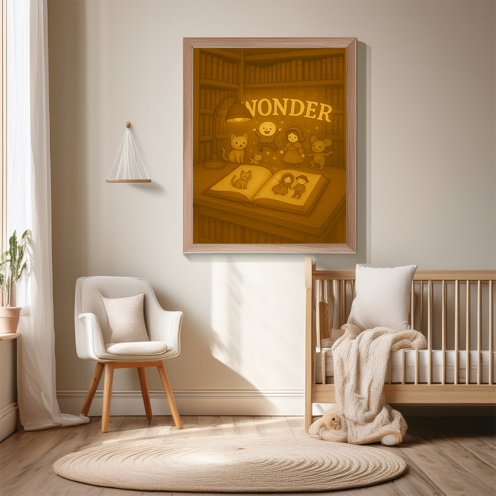 Classic storybook wall art in a cozy nursery reading nook, styled with a soft rug, chair and calming neutral tones.
