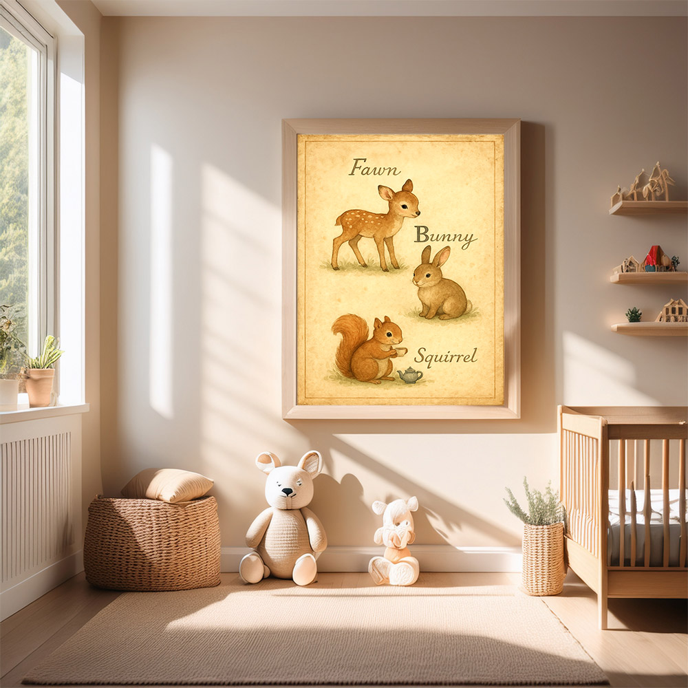 Nursery wall art with fawn, bunny and squirrel illustration in soft vintage tones, surrounded by plush toys and natural decor.