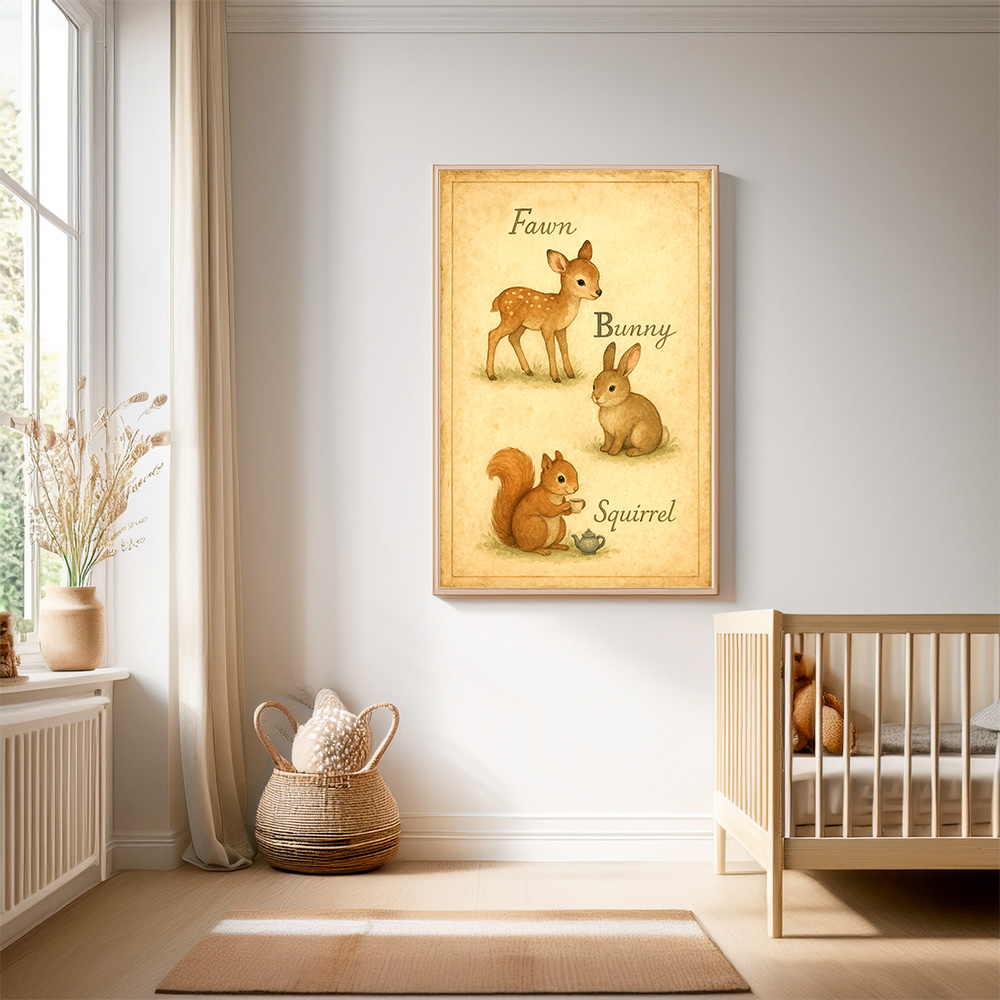 Framed vintage woodland animal wall art with fawn, bunny, and squirrel illustrations, styled in a cozy neutral-toned nursery.