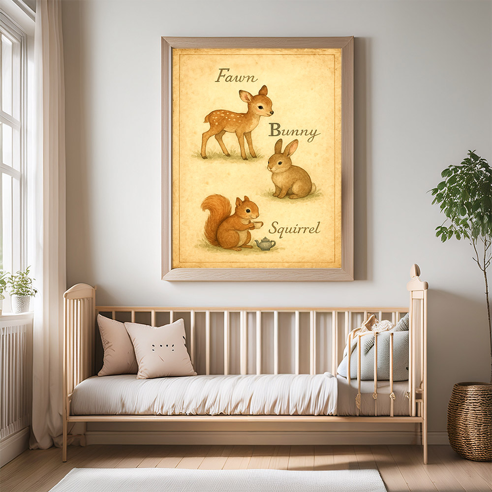 Vintage woodland animal wall art showing gentle forest animals with names in a calm storybook illustration style.