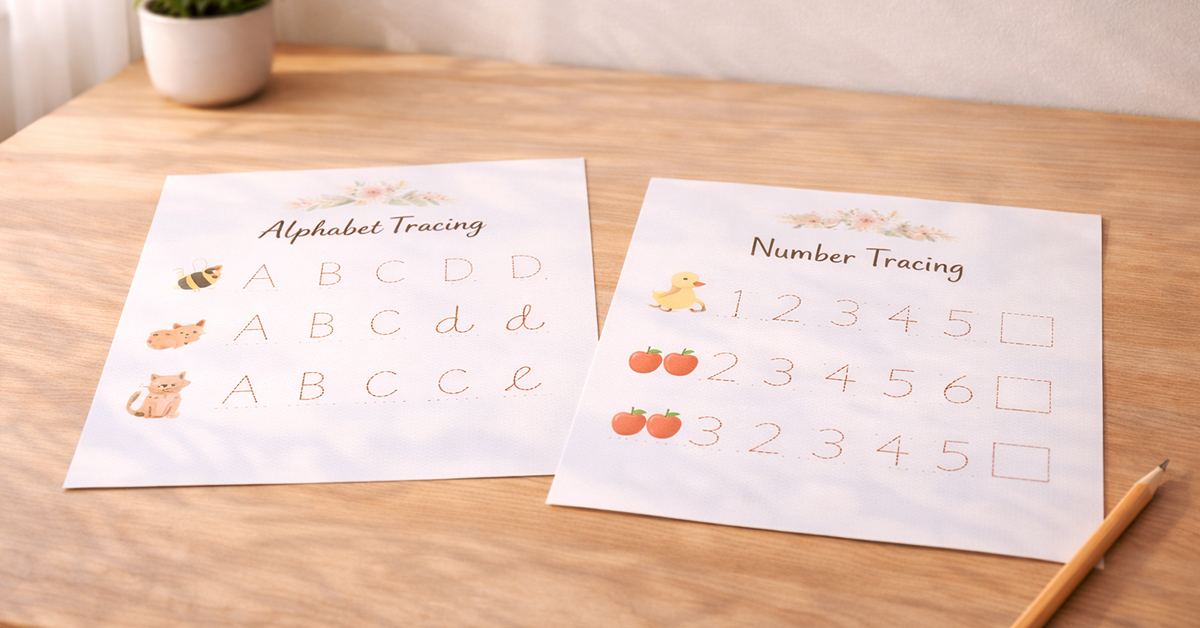 Alphabet and number tracing worksheets on a desk with a pencil, showing dotted letters and numbers for early writing practice