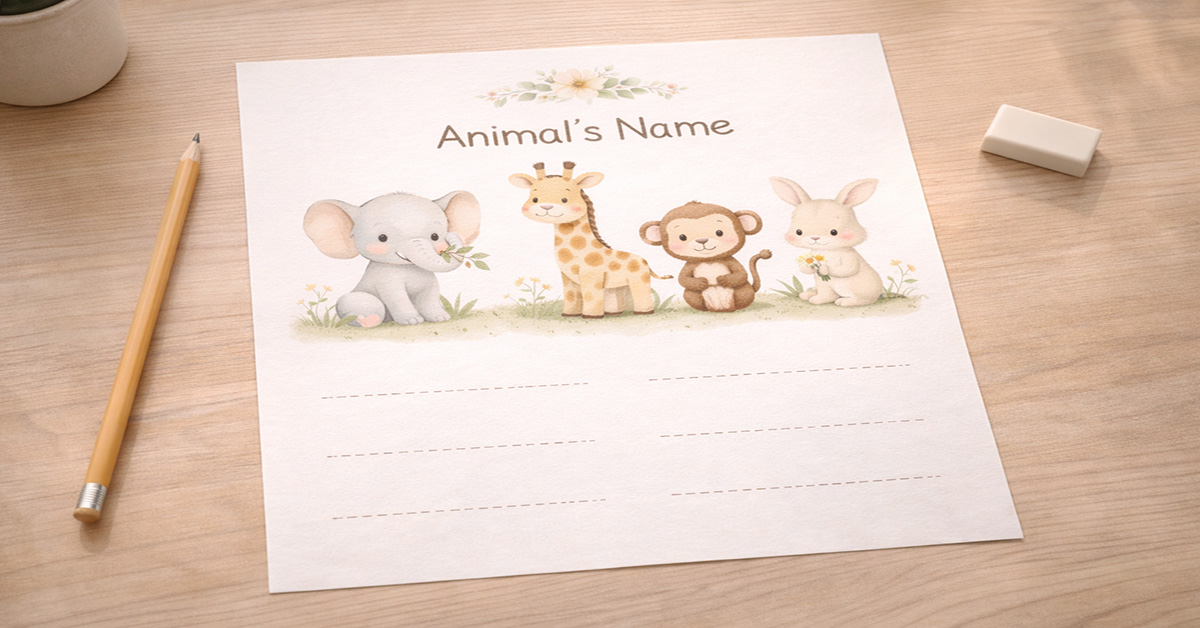 Animal name learning worksheet with elephant, giraffe, monkey and rabbit on a wooden desk with pencil and eraser.