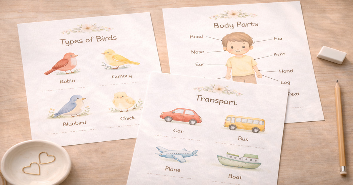 EVS worksheets for kids showing birds, body parts and transport themes on a wooden study desk.
