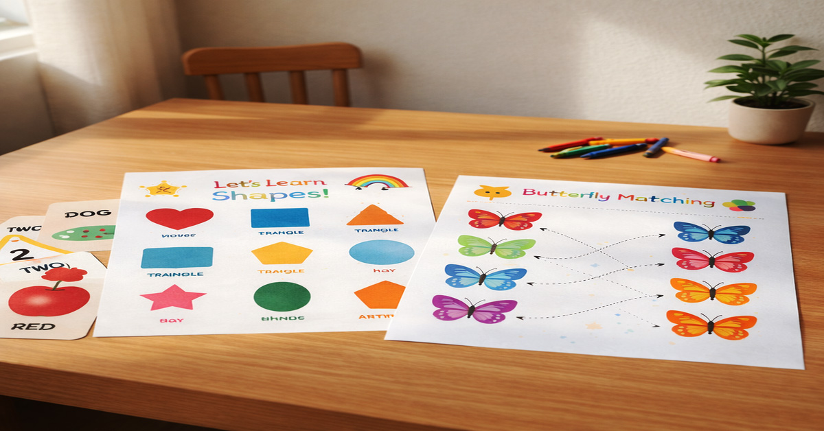 Printable shapes worksheet and butterfly matching activity placed on wooden desk in bright home learning setup.