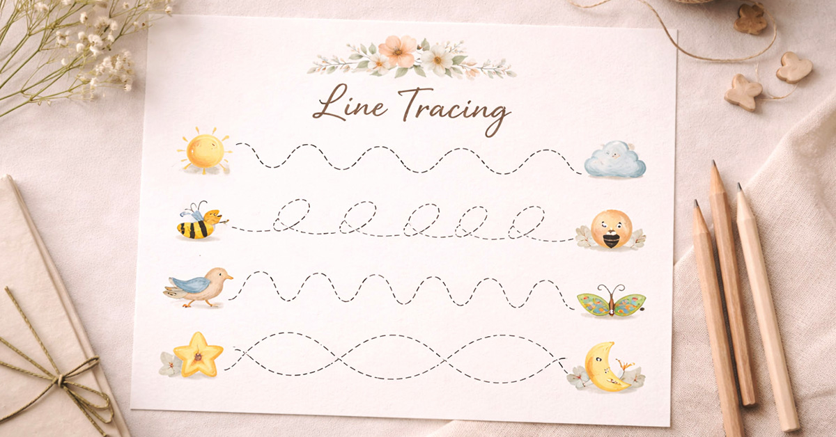 Line tracing worksheet for kids with dotted curves, sun, bee, bird, butterfly, and moon on a soft neutral desk.