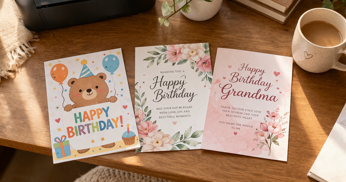 Three printable birthday cards for family on a wooden desk with a bear card for kids, floral card and grandma birthday card.