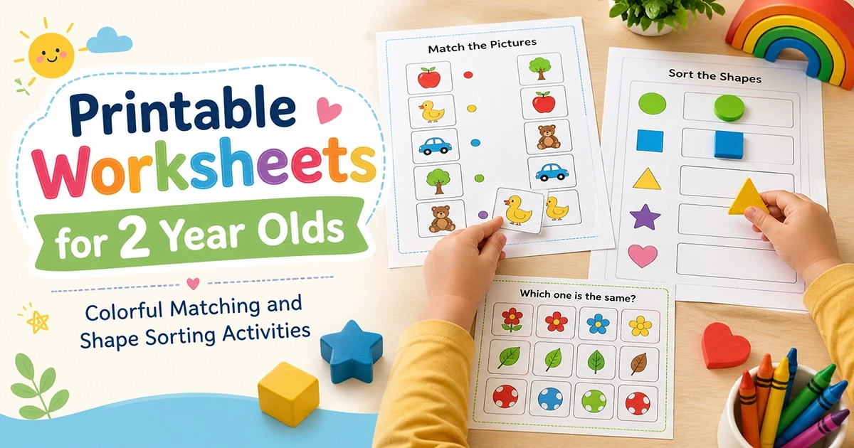 Printable worksheets for 2 year olds showing colorful matching and shape sorting activities for hands on toddler play