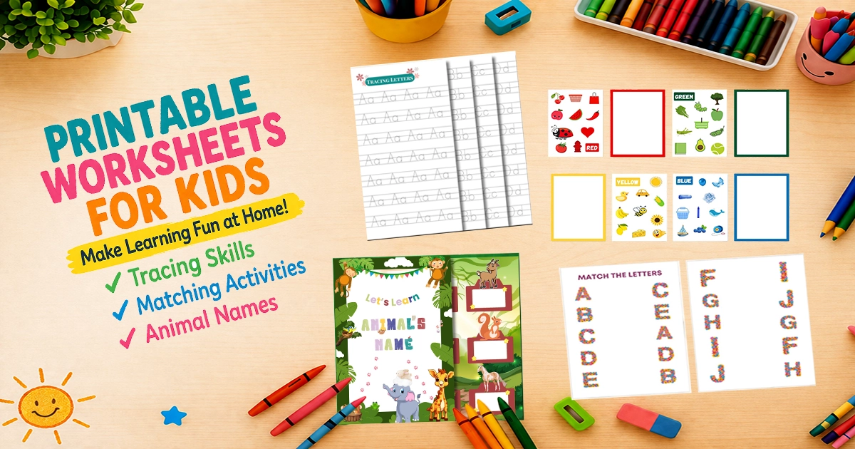 Printable worksheets for kids including tracing, color matching, animal names, and ABC matching for home learning.