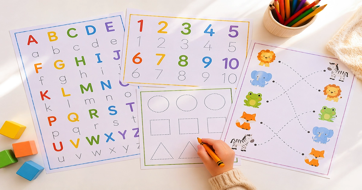 Preschool worksheets with alphabet tracing, number tracing, shapes and animal matching pages, child holding a crayon.