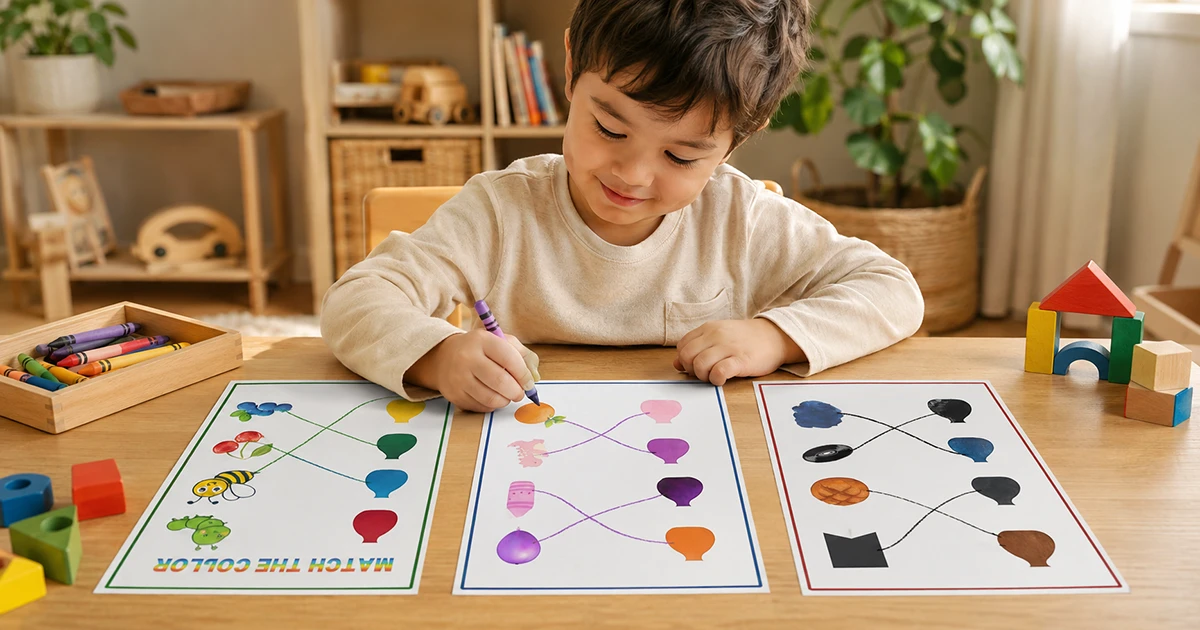 Preschool child doing a color matching worksheet at a wooden desk with crayons, toys and home learning materials.