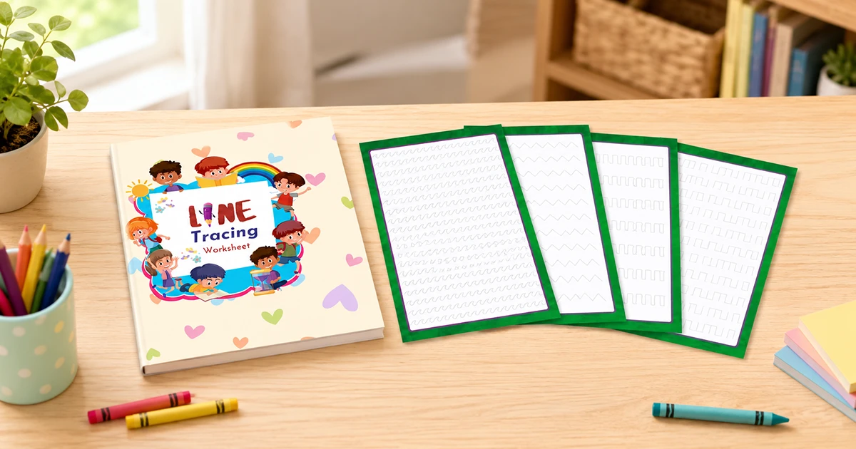 Line tracing worksheets arranged on a warm learning desk with crayons, pencils and simple handwriting practice pages.