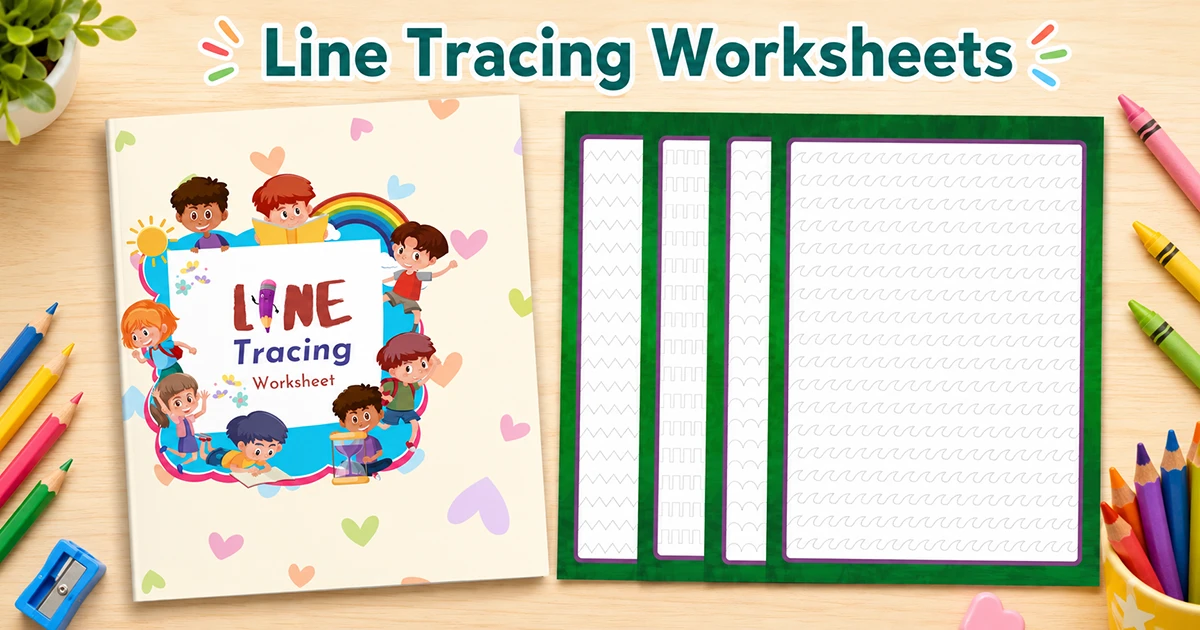Line tracing worksheets with sample practice pages, crayons and pencils on a wooden desk for preschool learning.