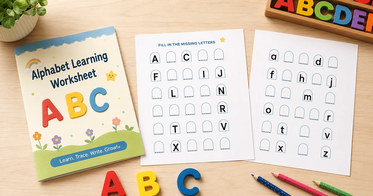 Alphabet worksheet pages with missing letters, uppercase and lowercase practice, pencils and ABC blocks on a desk.