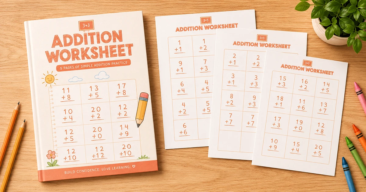 Printable addition worksheets displayed on a wooden desk with pencils, crayons and simple math practice pages.