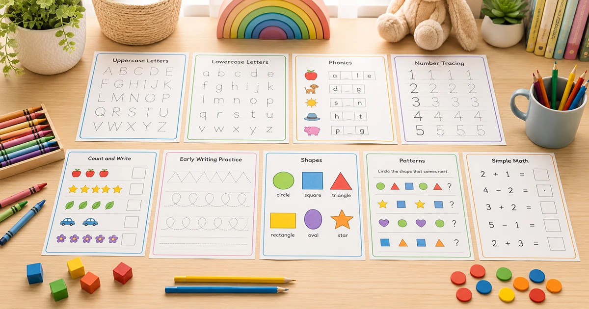 Kindergarten worksheets for letters, phonics, number tracing, writing, shapes, patterns and simple math on a learning desk.