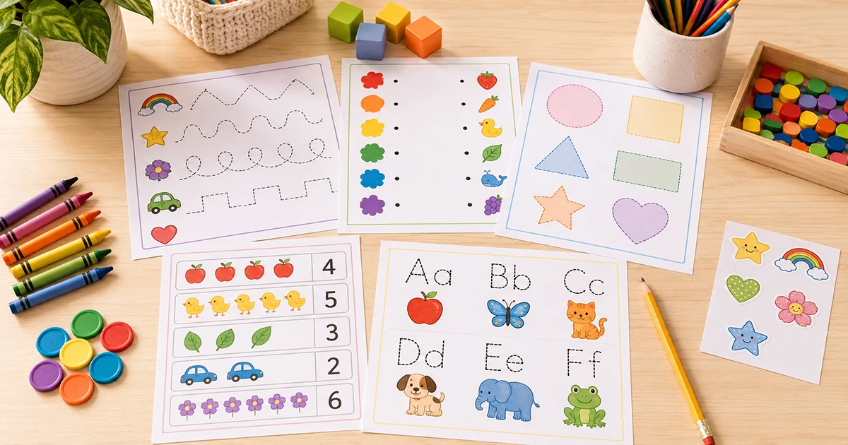 Printable preschool worksheets for tracing, colors, shapes, counting and letters arranged on a warm learning desk.