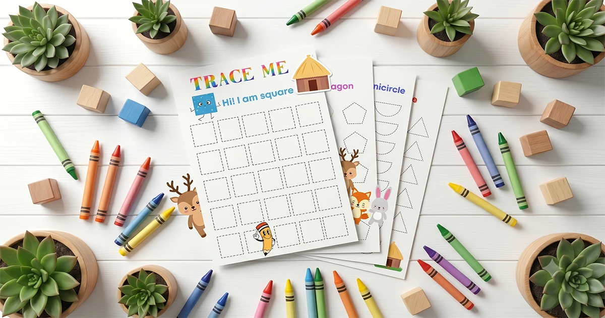 Premium pencil control and shape tracing worksheets mockup for 3 year olds.