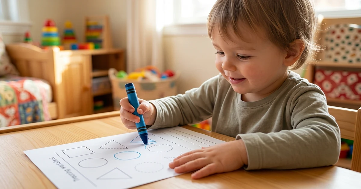Toddler practicing fine motor skills with a printable shape tracing worksheet.