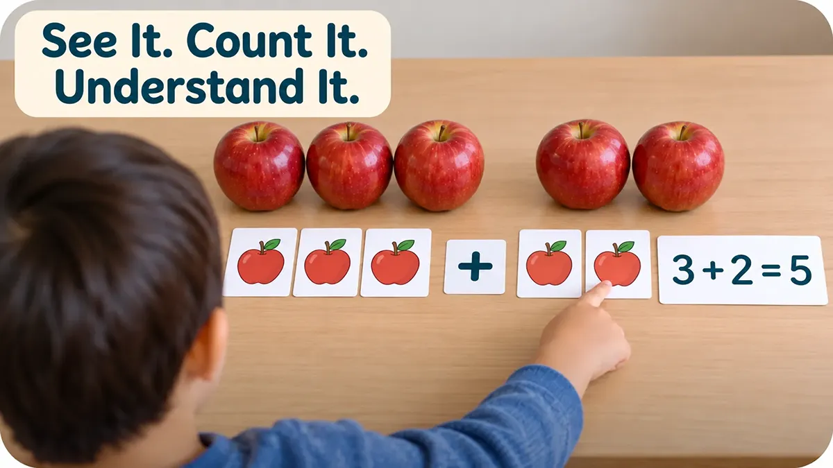 Child counting real apples and picture cards to explore three plus two equals five