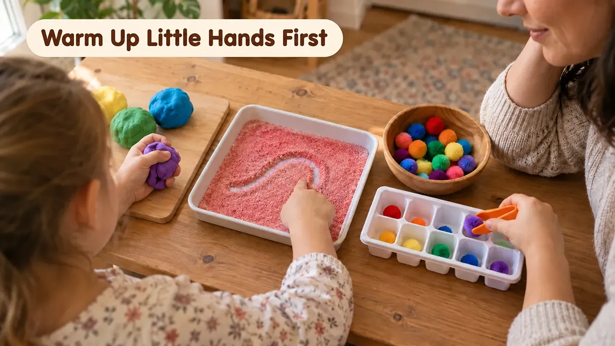 A child builds hand strength with playdough, pom poms, tongs, and sensory rice tracing while a parent joins the activity.