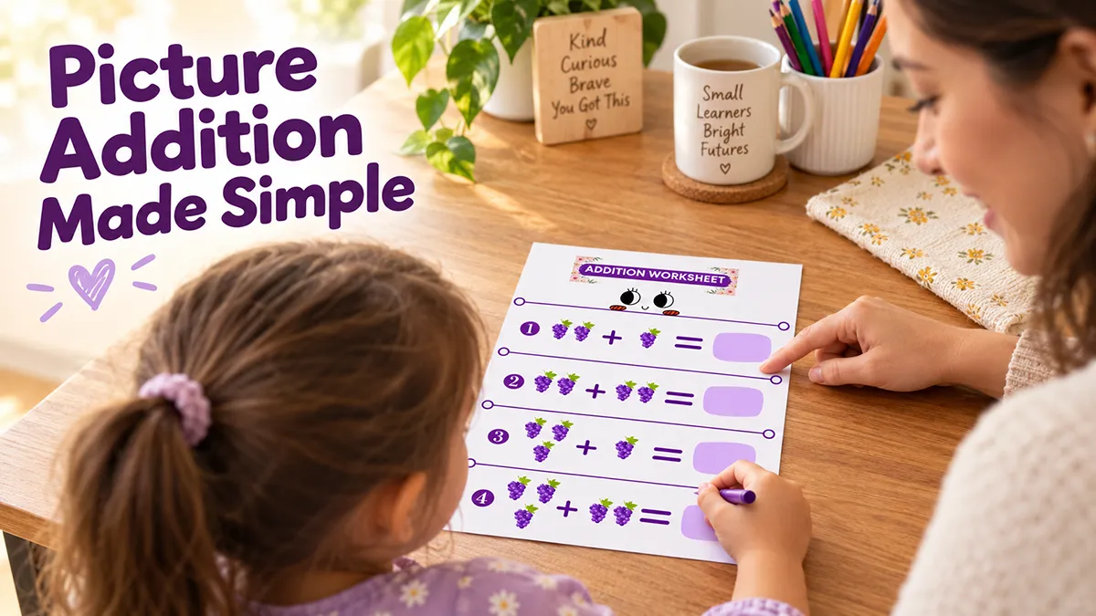 Parent helping a child count grape pictures on a picture addition worksheet