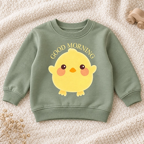 Kawaii cute yellow chick with Good Morning text printed on a sage green kids sweatshirt