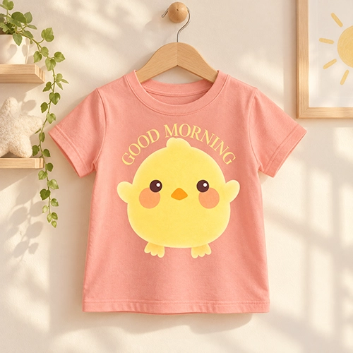 Cute yellow chick graphic with Good Morning text printed on a peach kids t-shirt