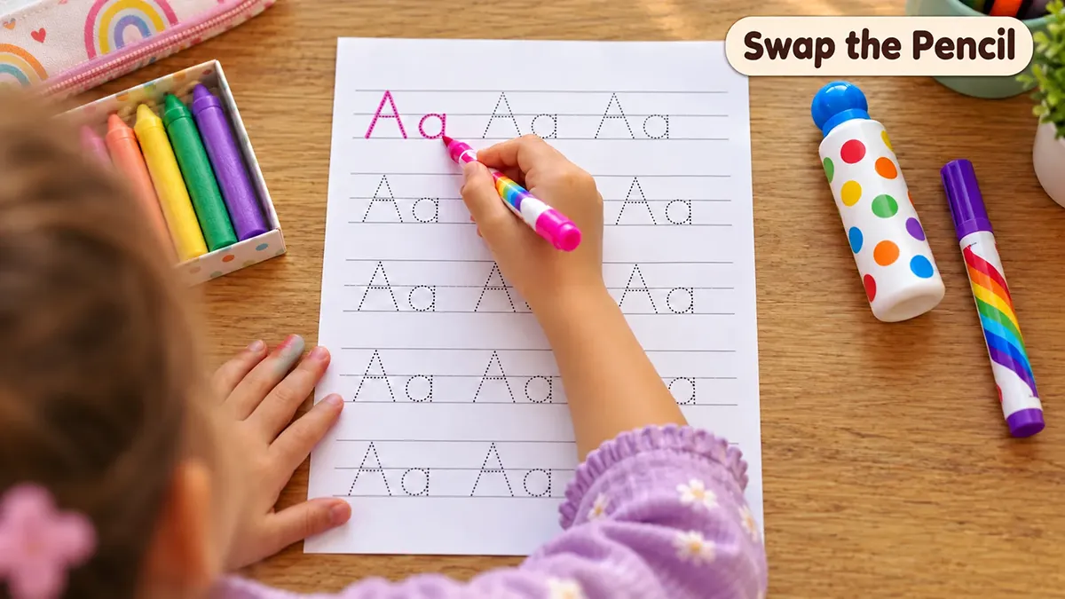 A child traces capital and lowercase A letters with a colorful marker, surrounded by crayons and playful writing tools.
