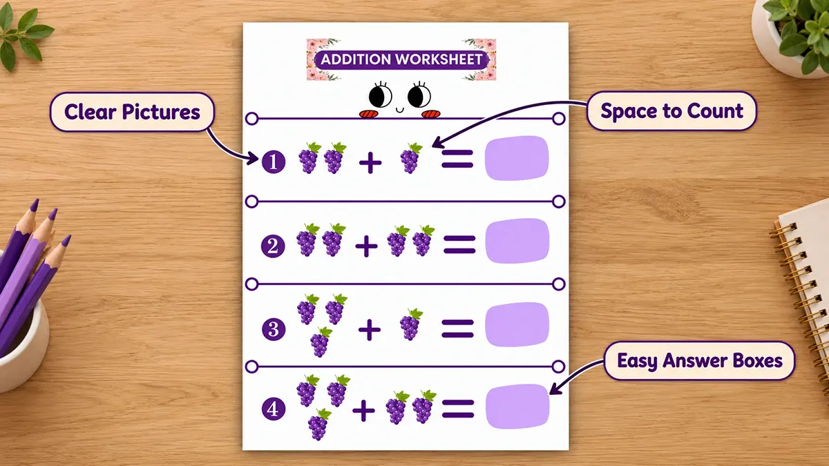 Picture addition worksheet highlighting clear pictures, spacing, and answer boxes
