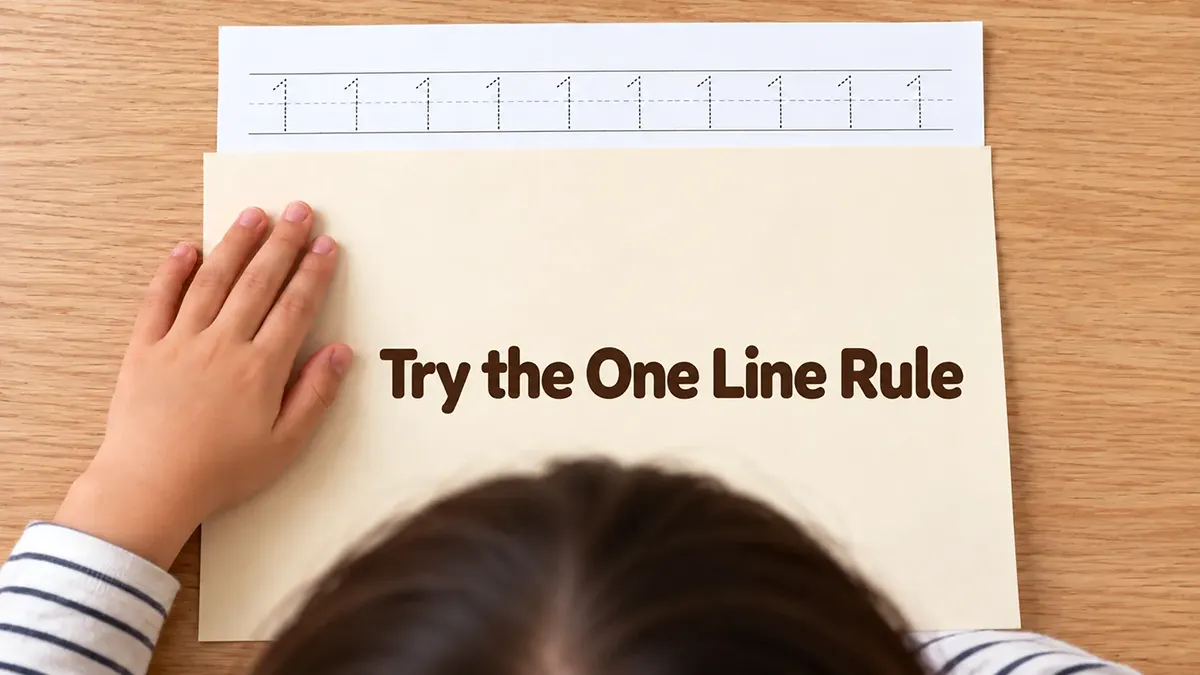 A child uses a blank sheet to cover a number tracing worksheet, leaving one practice line visible for focused learning.